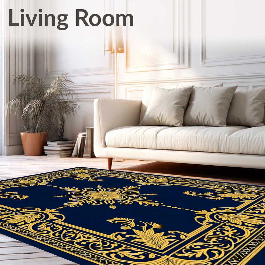 Golden Navy Floral Frame Rug