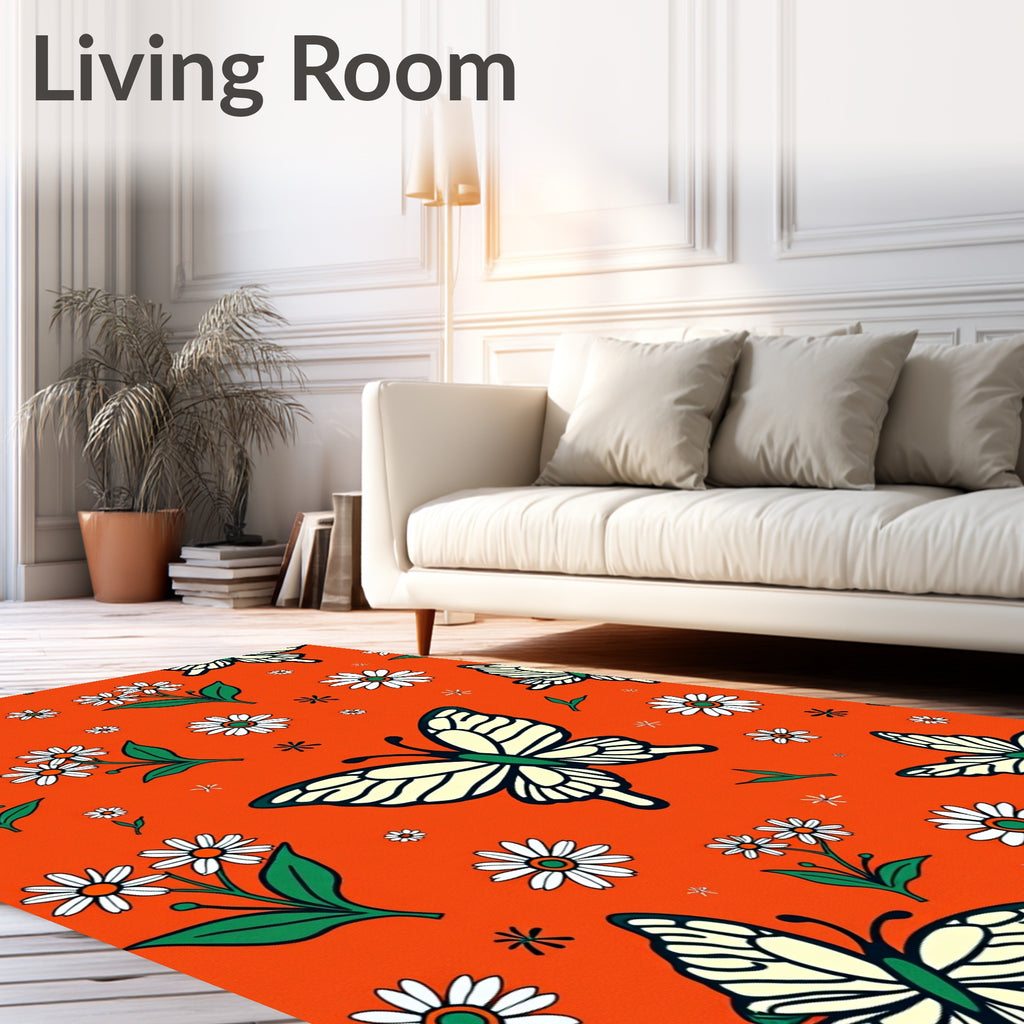 Whimsical Cream Butterfly Daisy Garden Rug