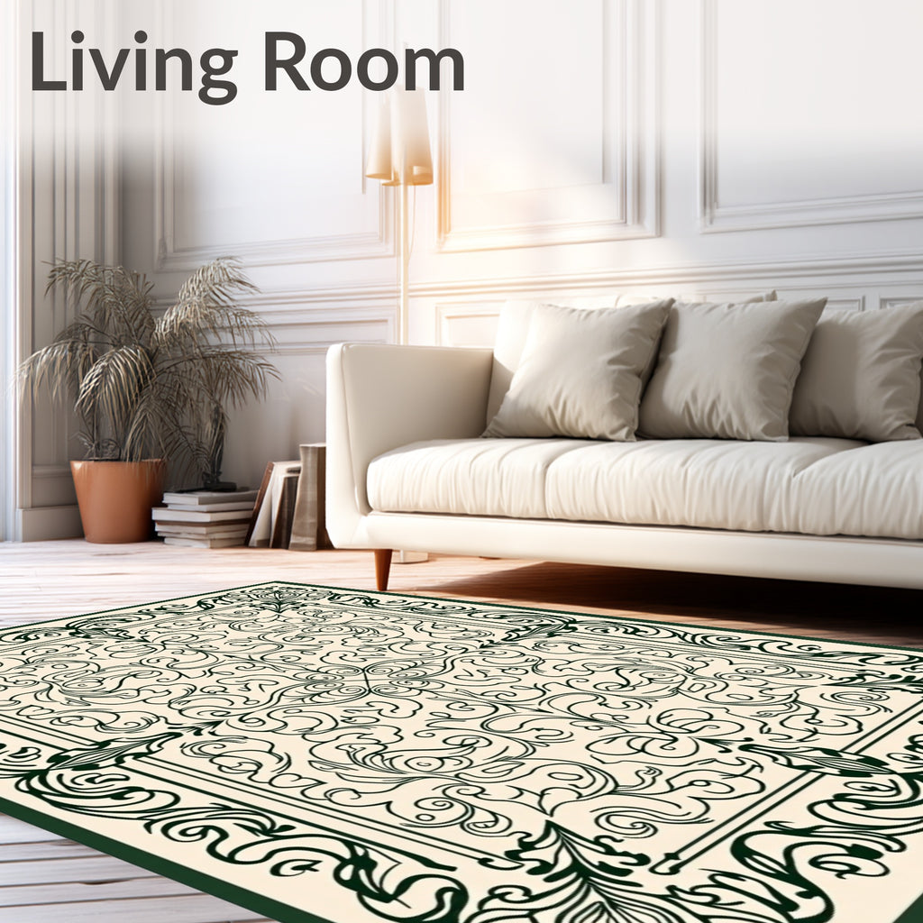 Dark Green Ivory Floral Scrollwork Rug
