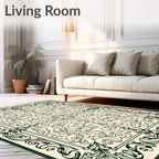 Dark Green Ivory Floral Scrollwork Rug