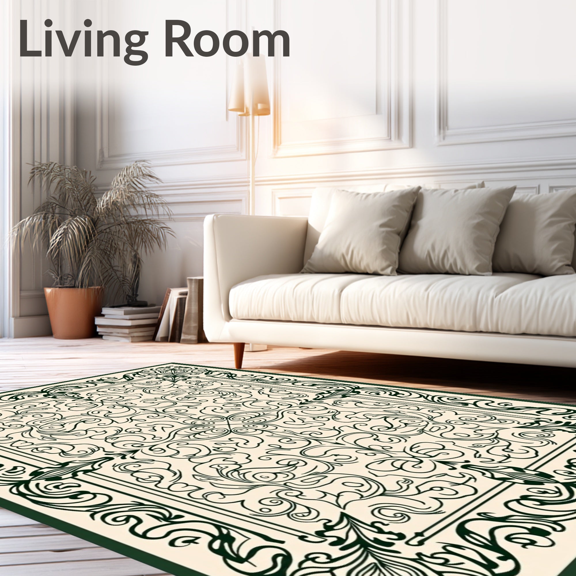 Dark Green Ivory Floral Scrollwork Rug