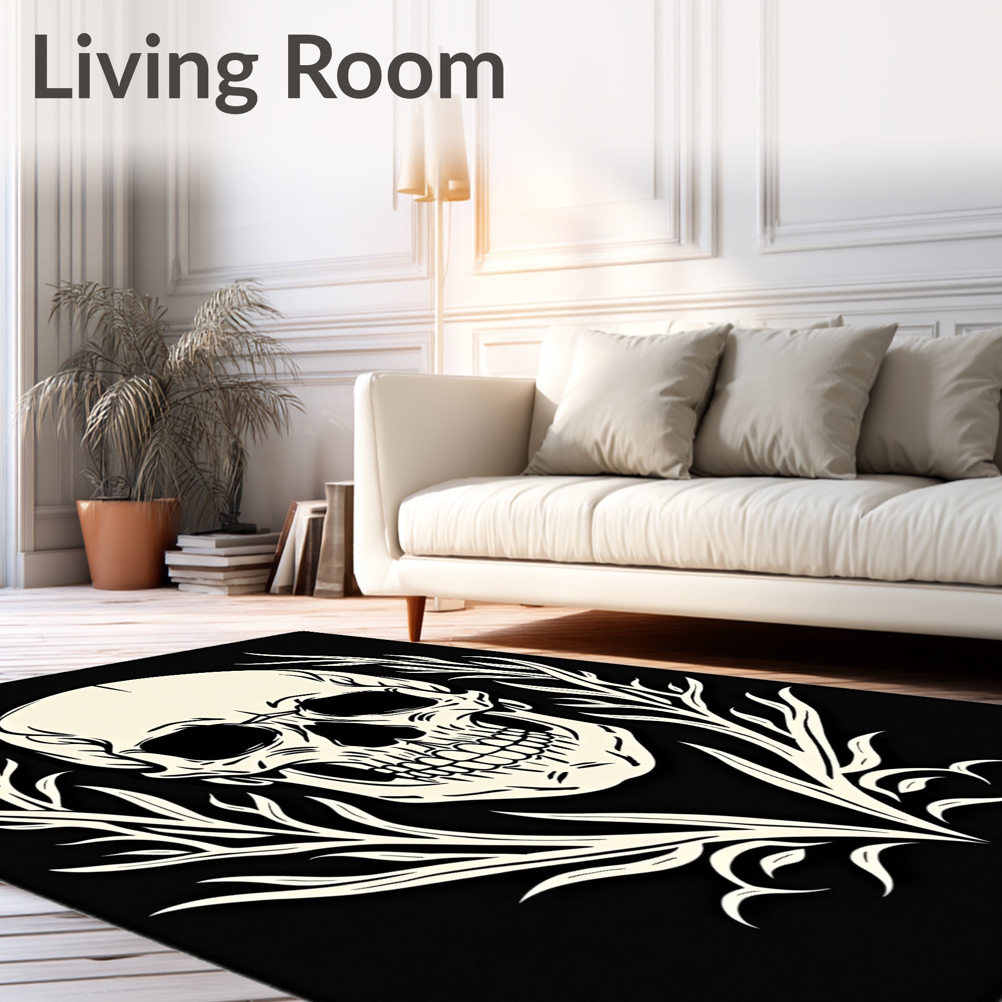 Ivory Skull Laurel Wreath Black Rug