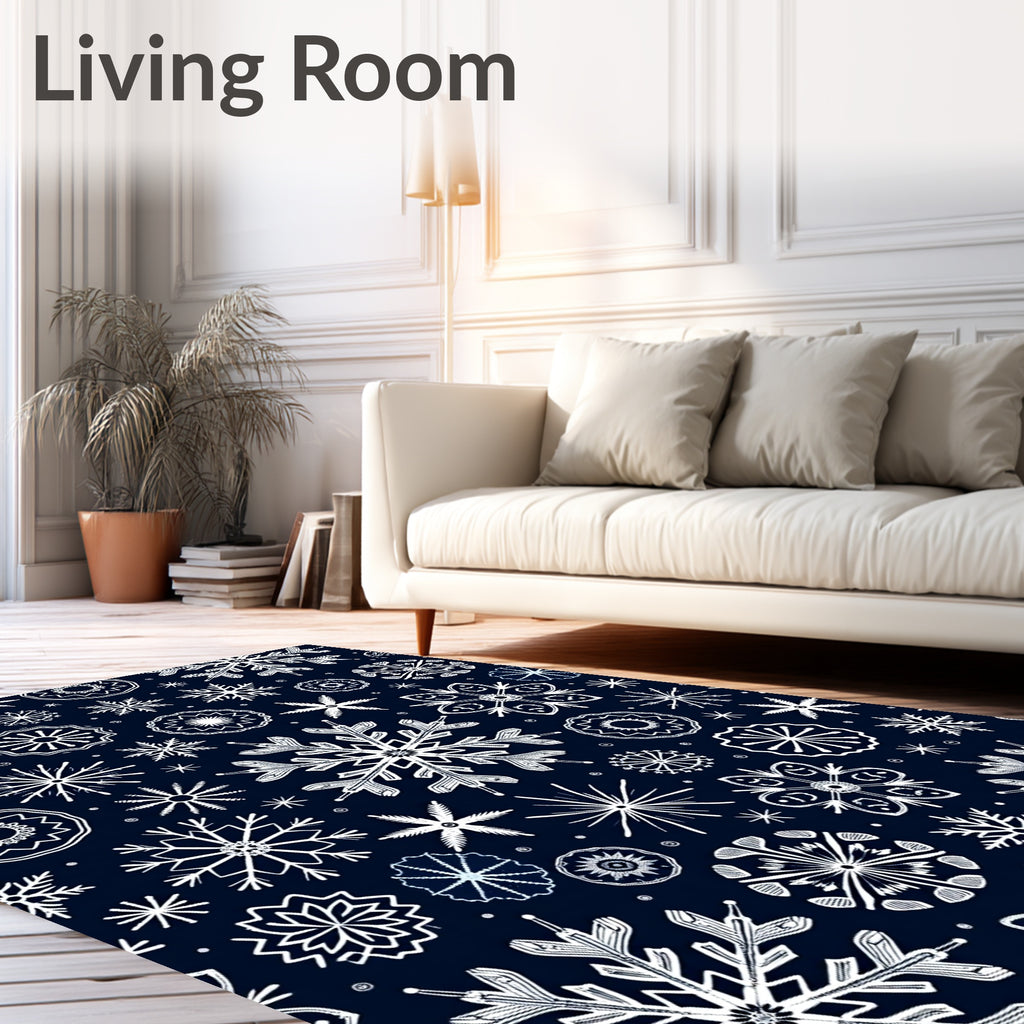White Snowflake Scatter Navy Background Rug