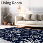 White Snowflake Scatter Navy Background Rug