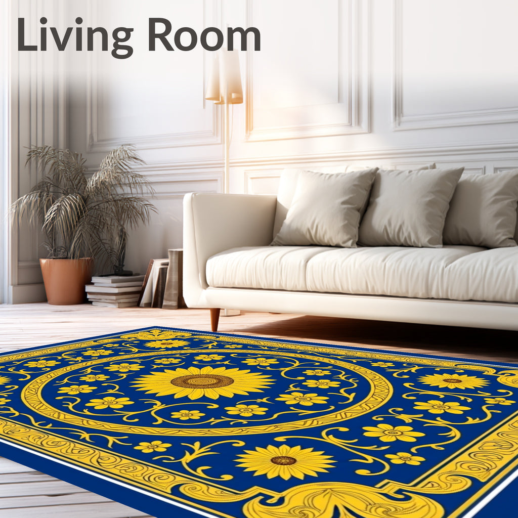 Golden Sunflower Medallion Blue Rug