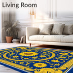 Golden Sunflower Medallion Blue Rug