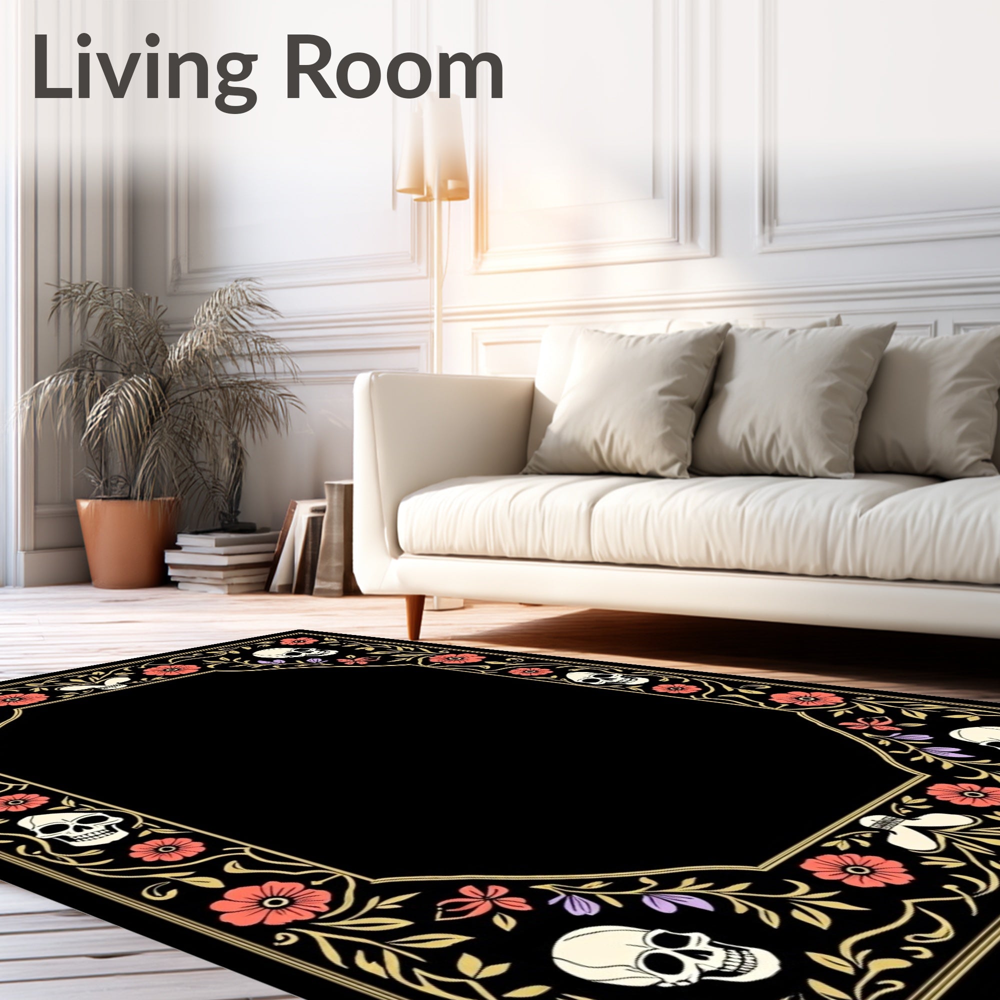 Ornate Skulls Floral Border Rug