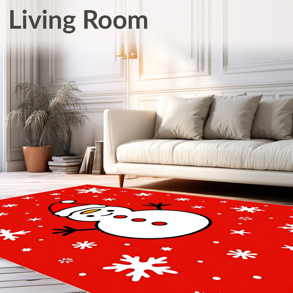 Festive Snowman and Snowflakes Red Rug
