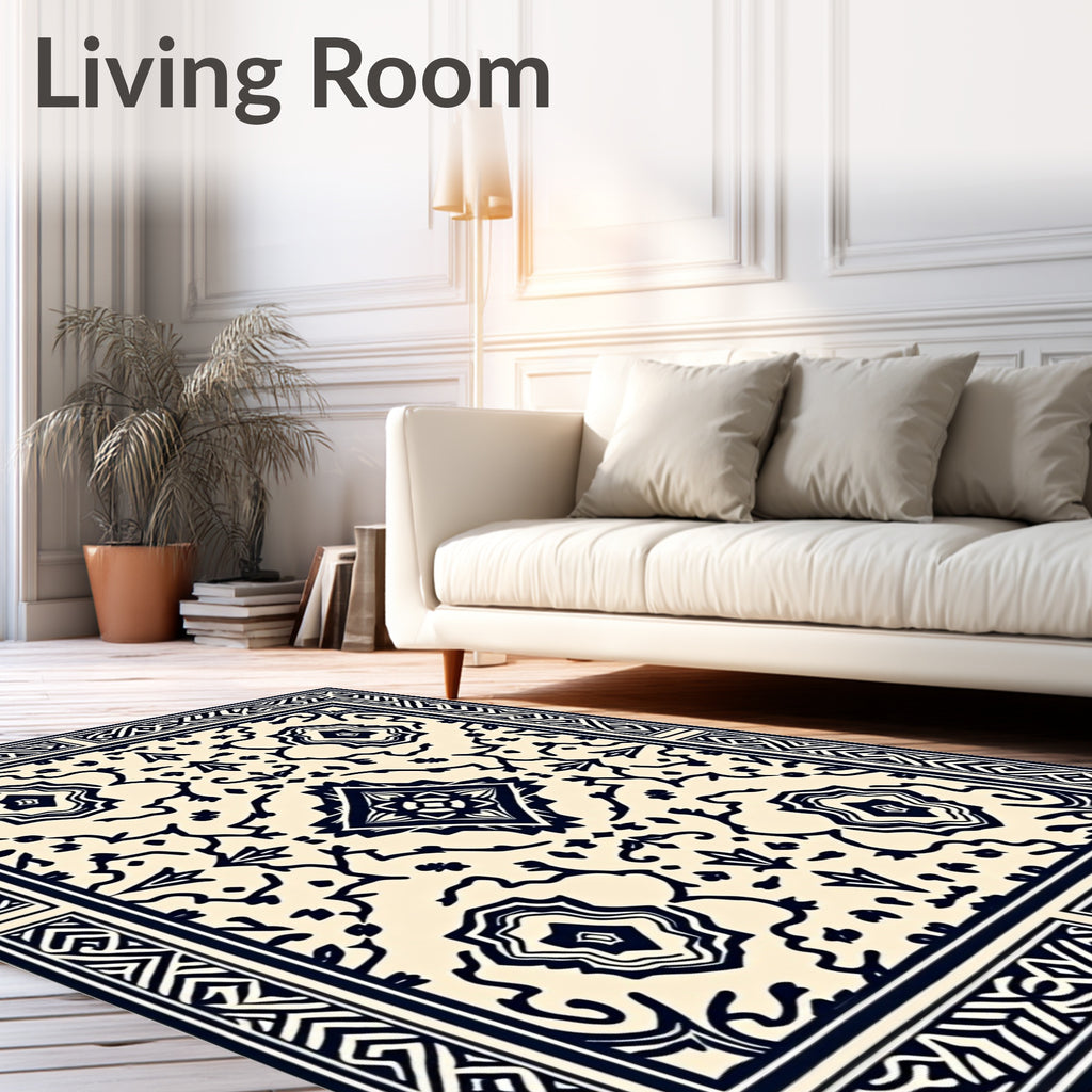 Cream and Navy Traditional Medallion Rectangular Rug