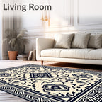 Cream and Navy Traditional Medallion Rectangular Rug