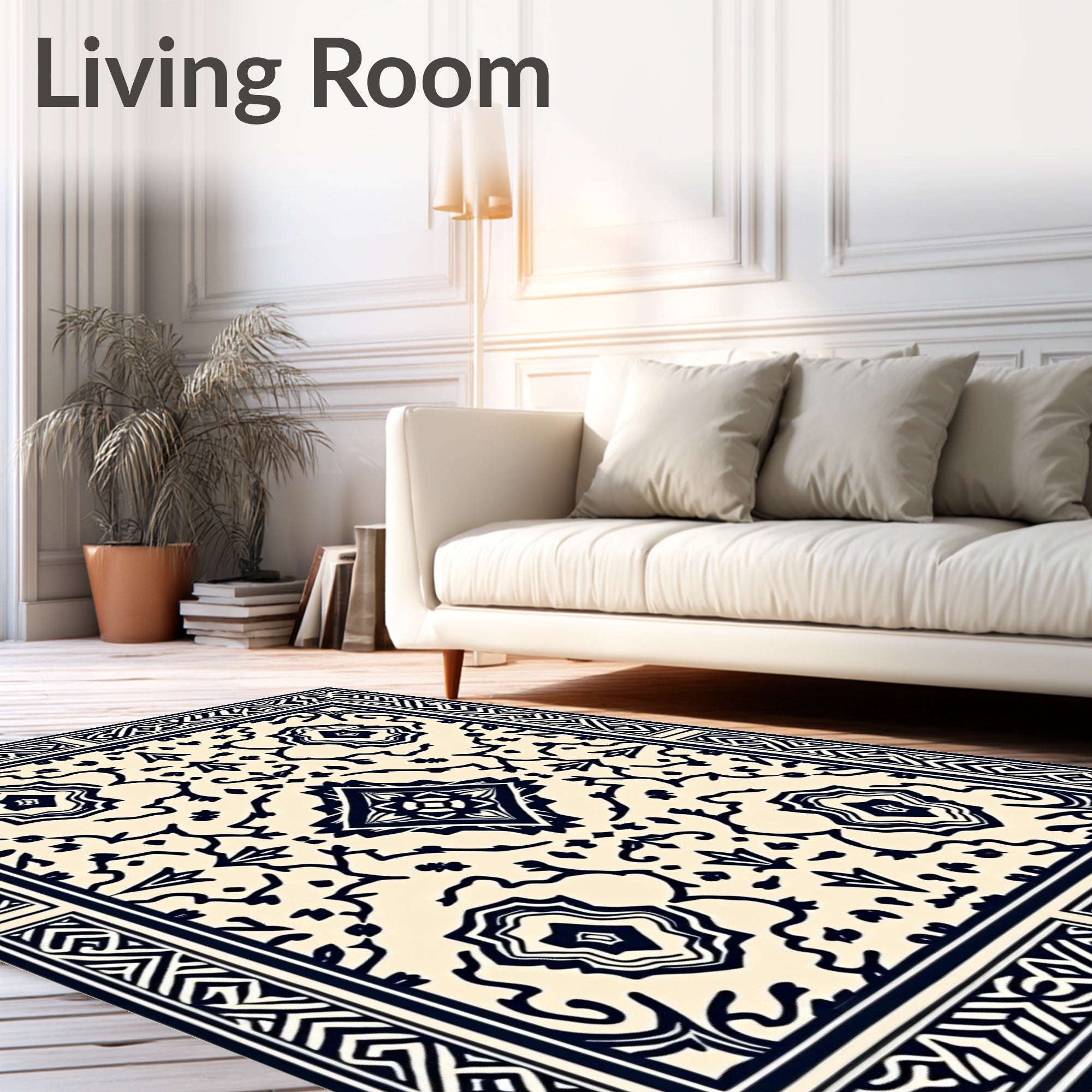 Cream and Navy Traditional Medallion Rectangular Rug