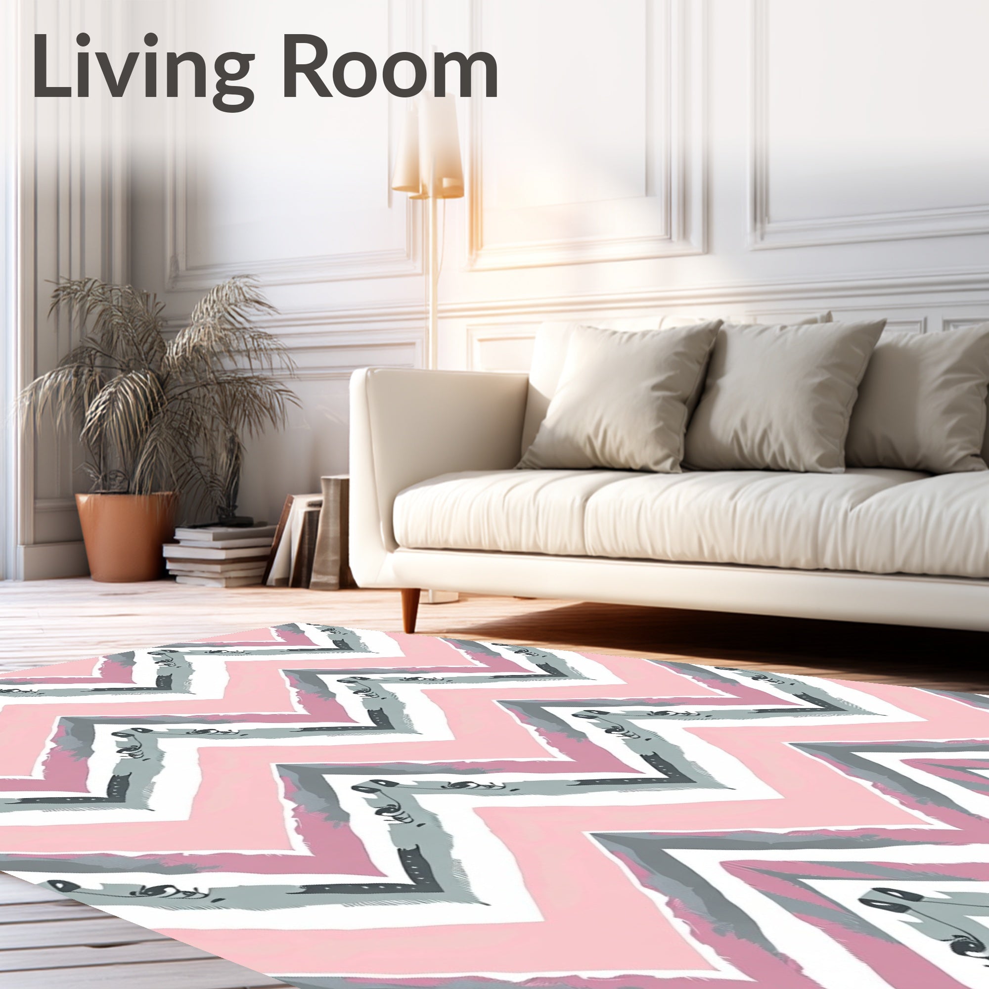 Pink Gray Chevron Flamingo Watercolor Rug