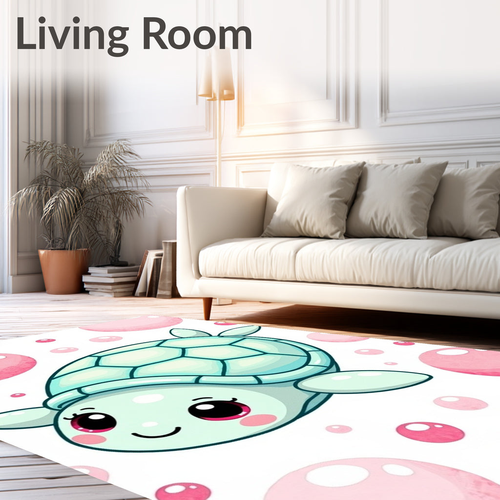 Kawaii Teal Turtle Pink Bubbles Rug
