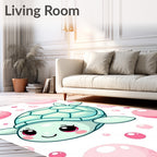 Kawaii Teal Turtle Pink Bubbles Rug