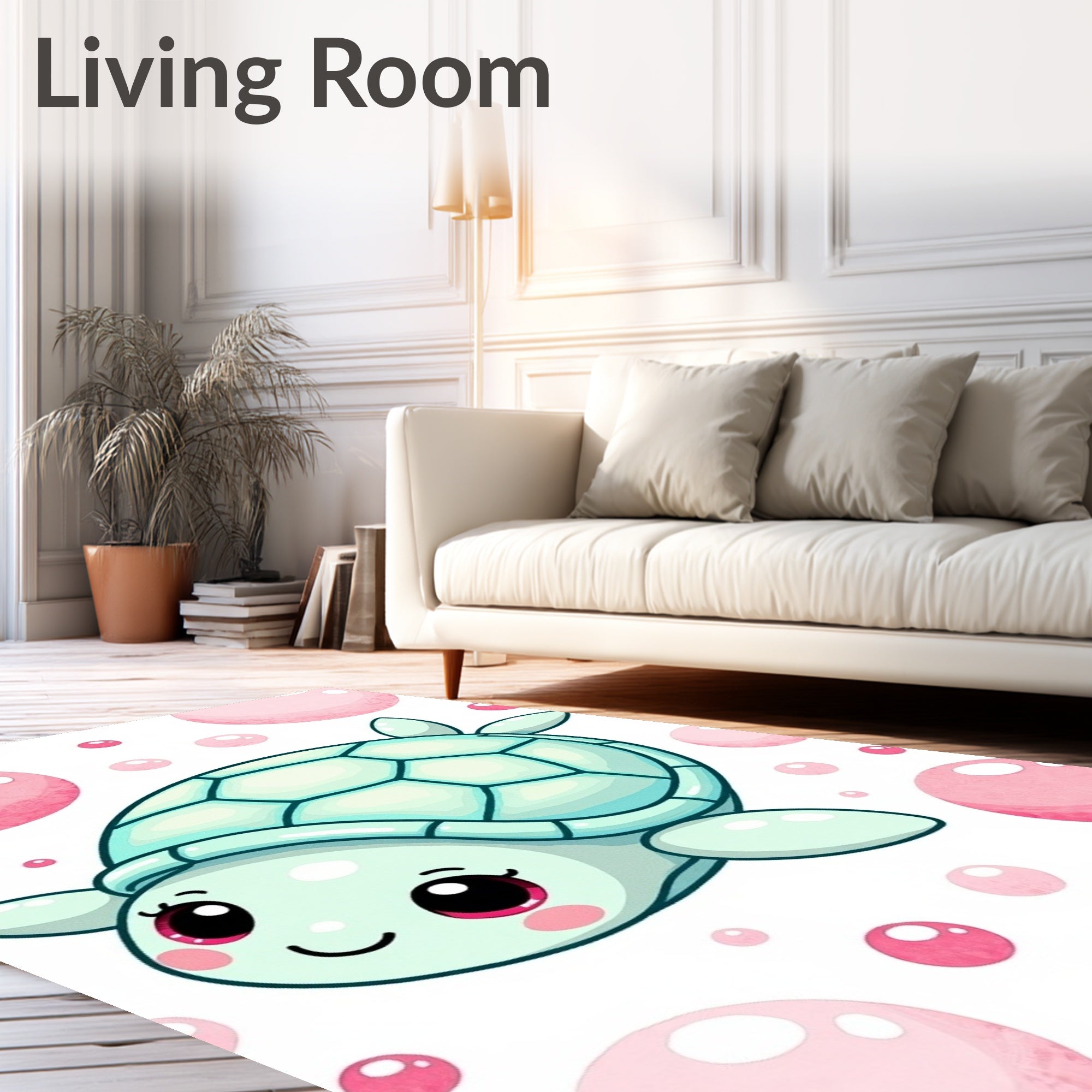 Kawaii Teal Turtle Pink Bubbles Rug
