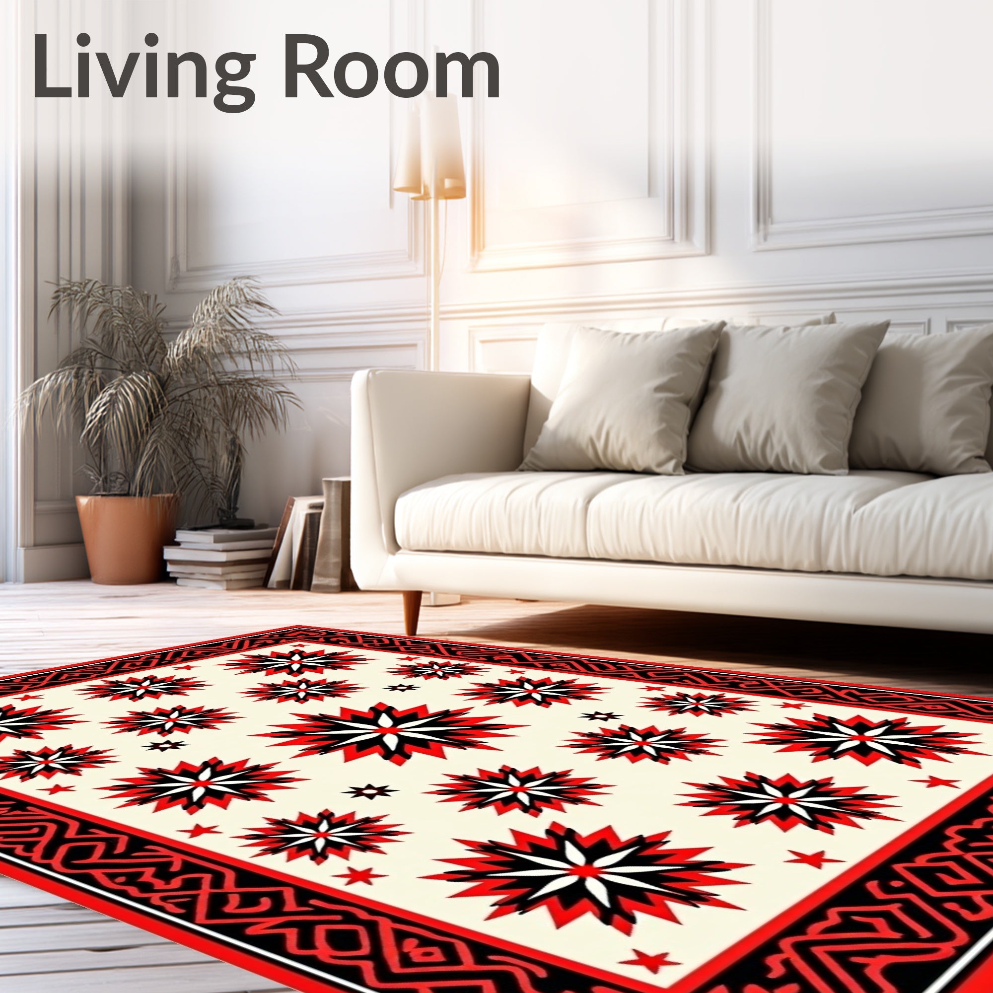Red Black Cream Starburst Border Rug