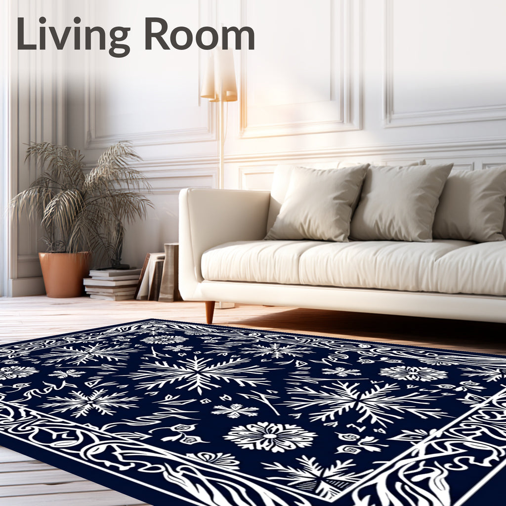 Midnight Blue Snowflake Floral Medallion Rug