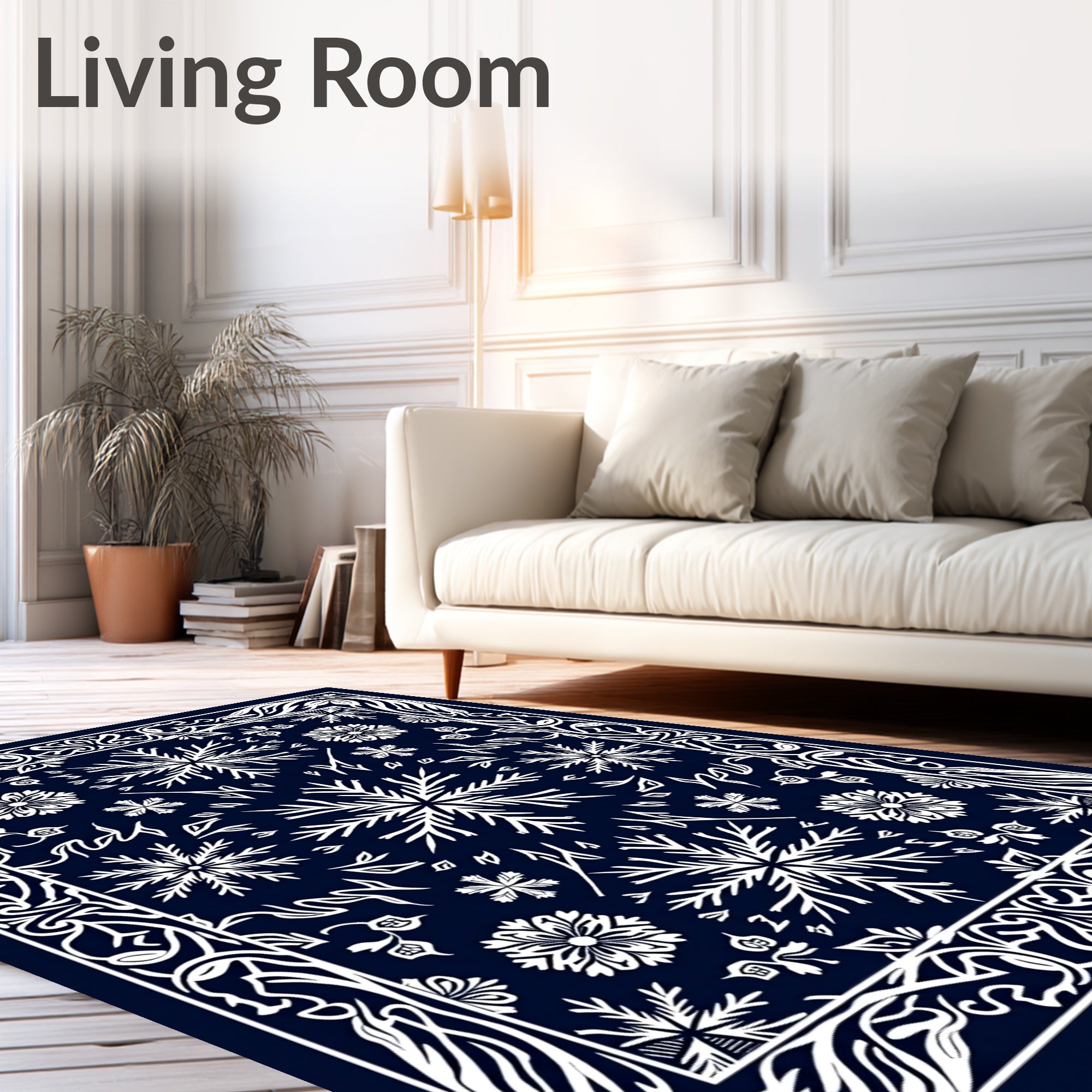 Midnight Blue Snowflake Floral Medallion Rug