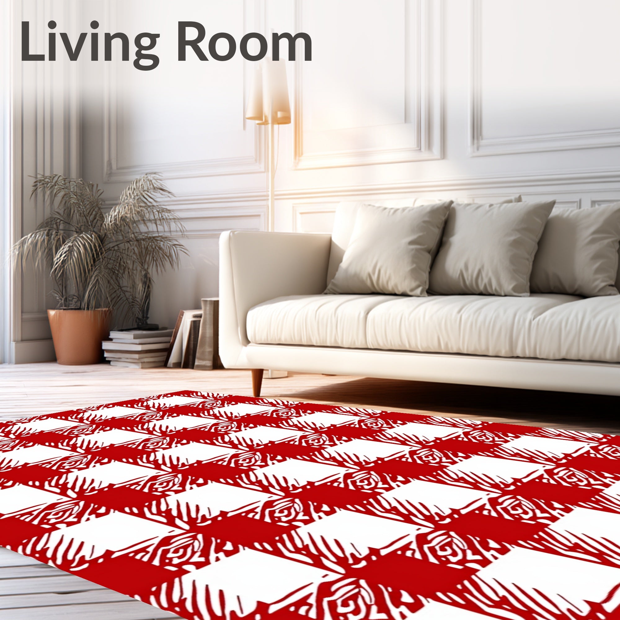Red and White Checked Abstract Squares Rug