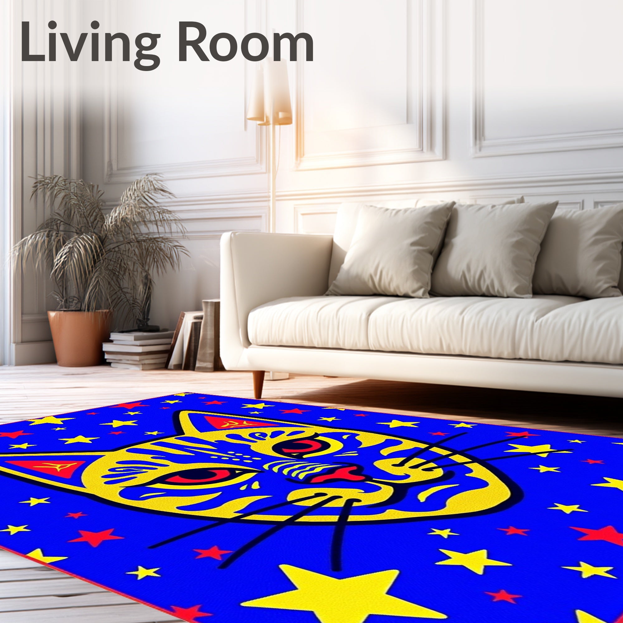 Vibrant Blue Abstract Cat Stars Rug