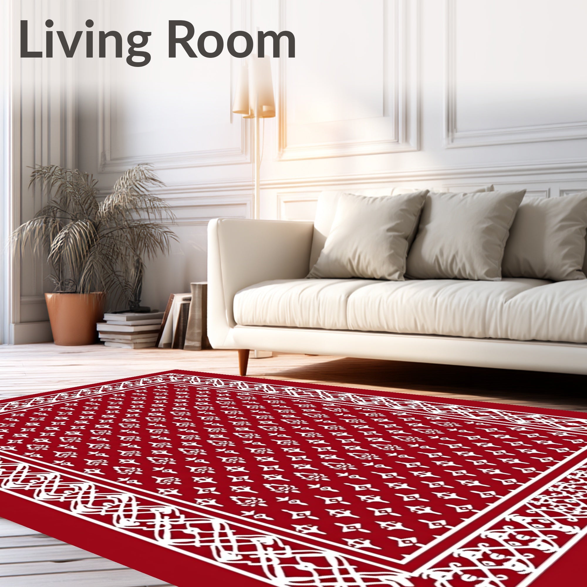 Crimson White Floral Bordered Rug