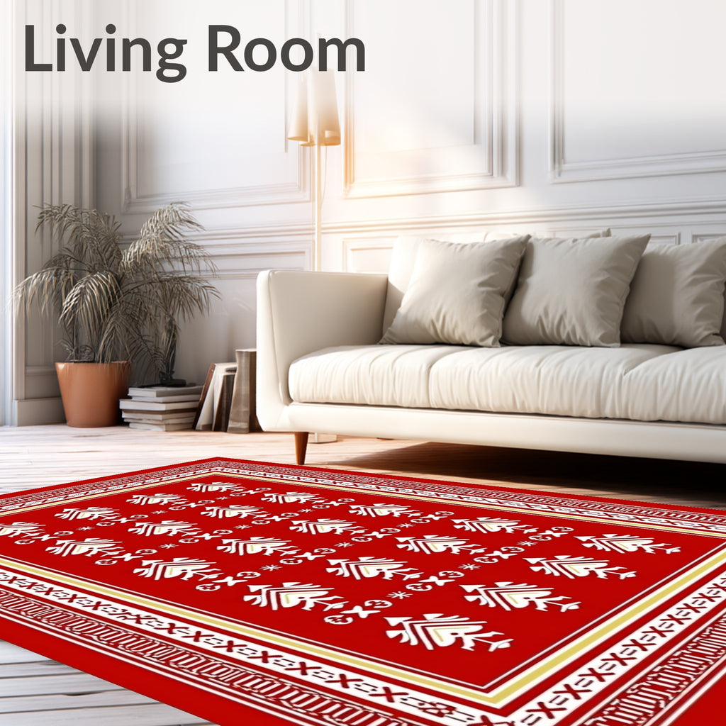 Bold Red Ivory Stylized Feather Rug