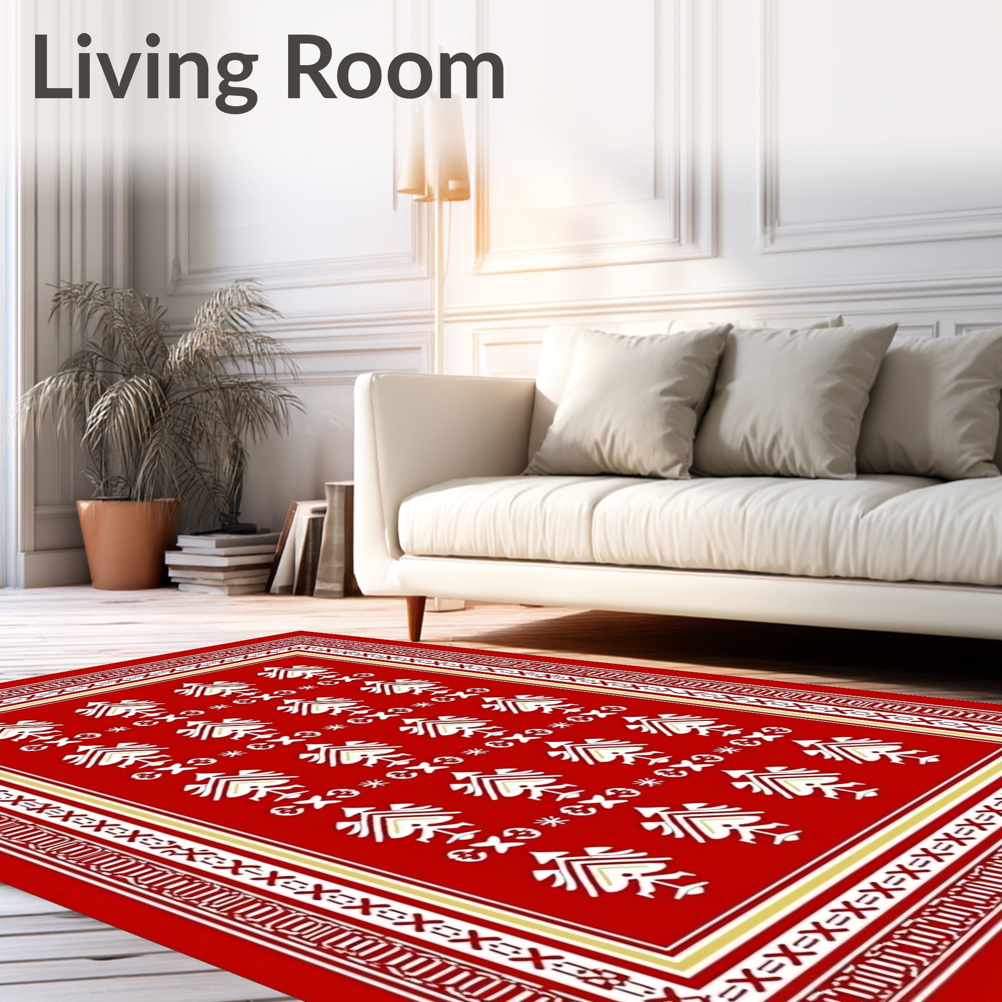 Bold Red Ivory Stylized Feather Rug