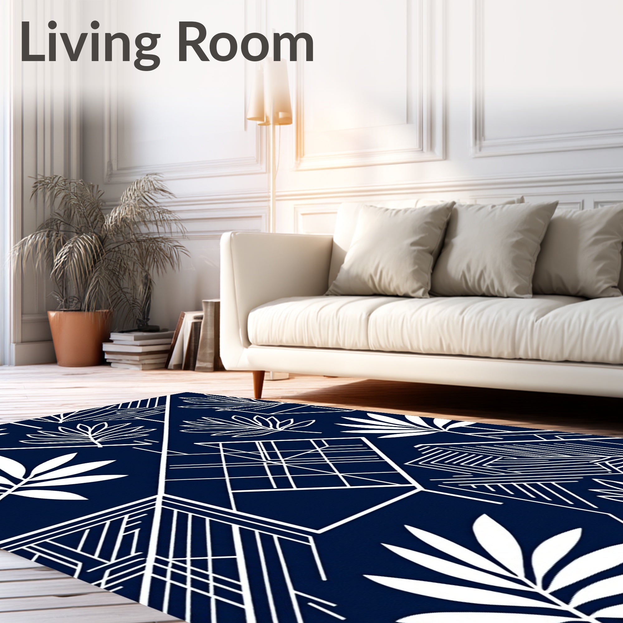 Navy White Tropical Geometric Overlay Rug