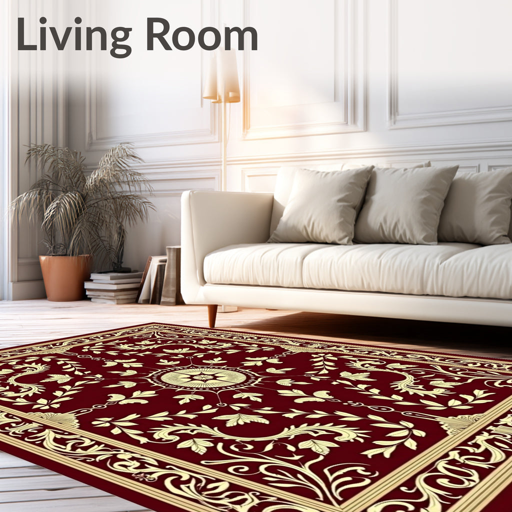 Regal Burgundy Gold Floral Medallion Rug