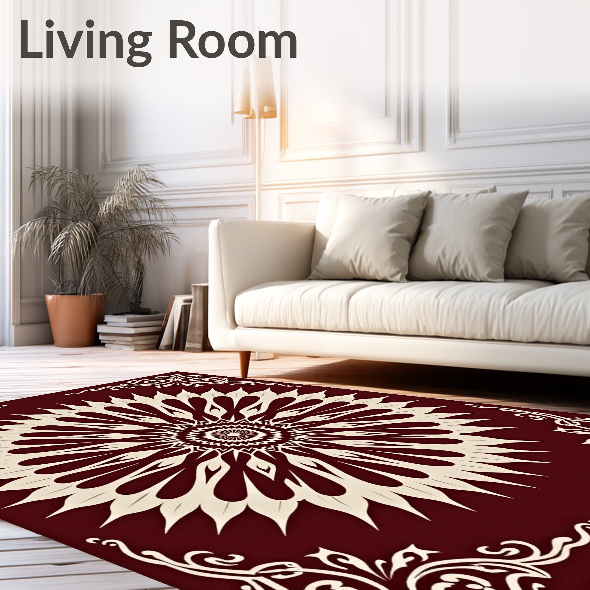 Crimson Cream Radial Mandala Floral Rug