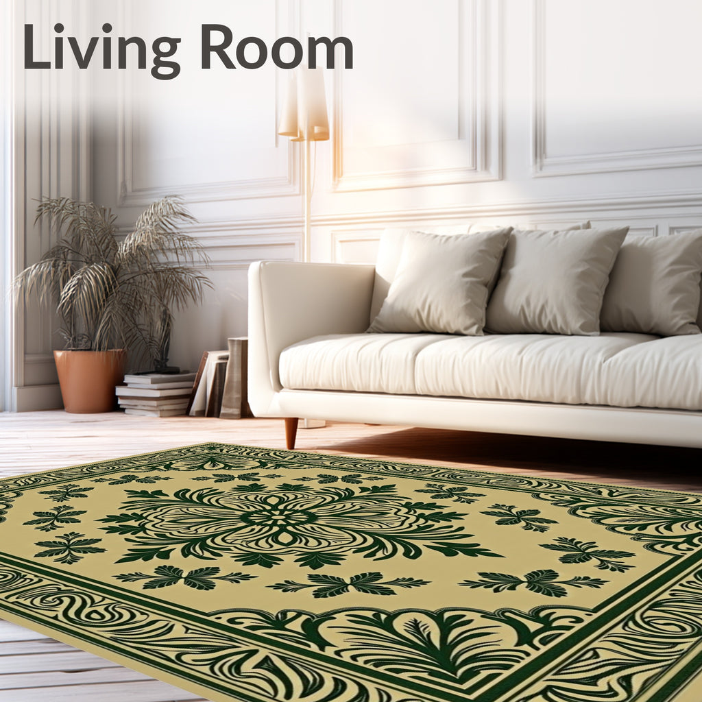 Deep Green Floral Medallion Border Rug