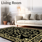 Ornate Gold Black Floral Scrollwork Rug