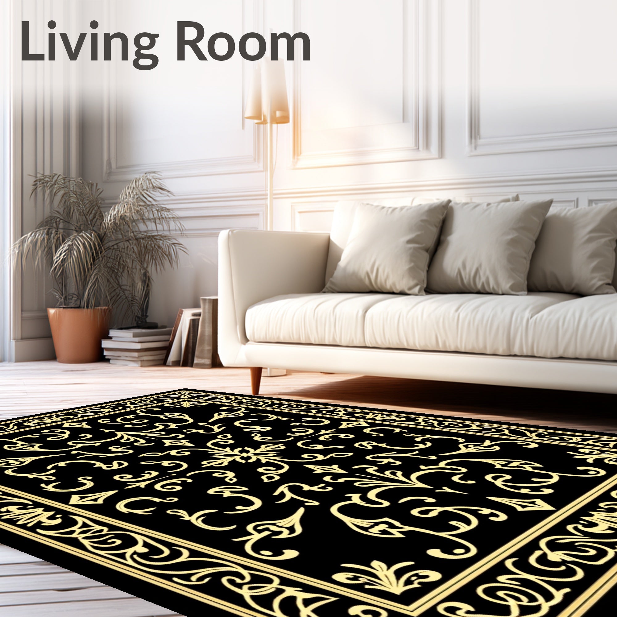 Ornate Gold Black Floral Scrollwork Rug