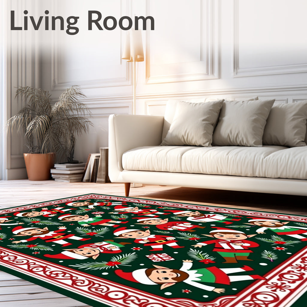 Festive Elves with Holly Border Garland Rug