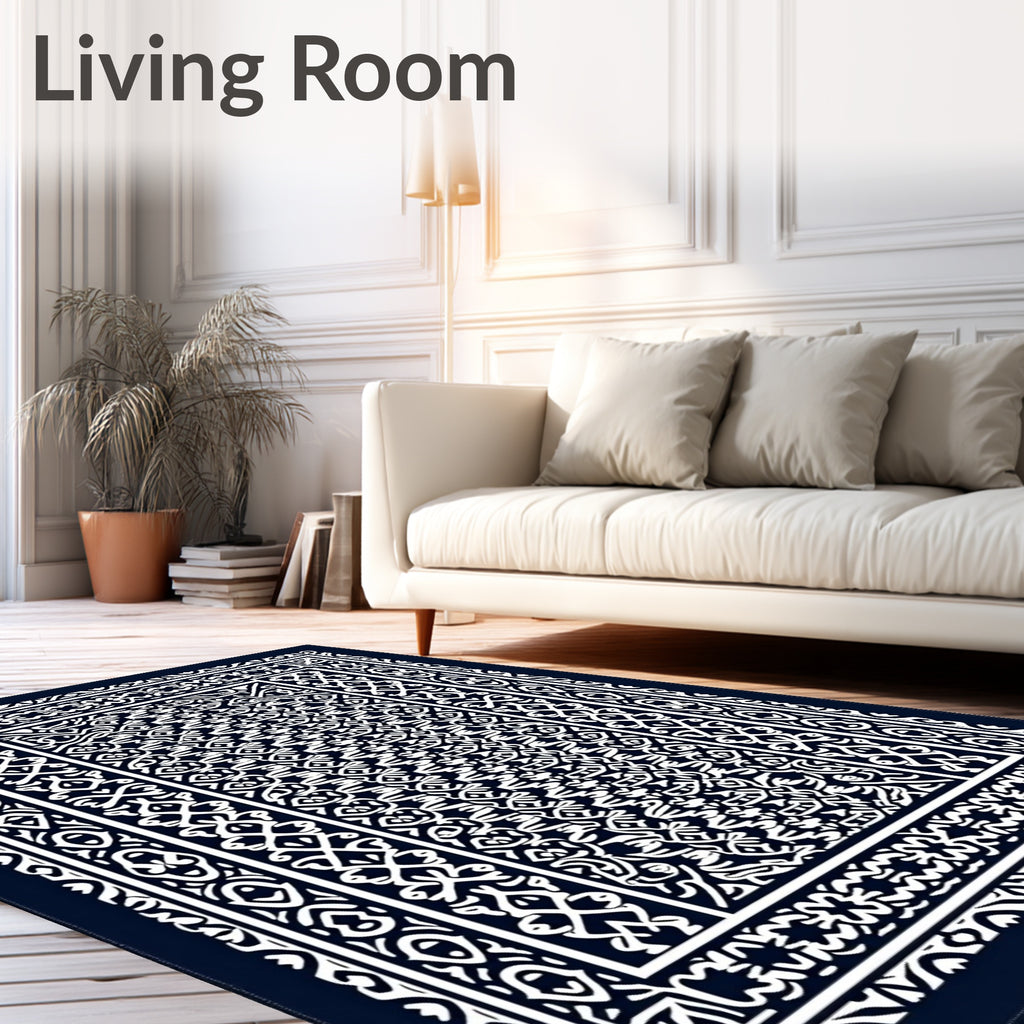 Deep Blue Intricate Ornamental Border Rug