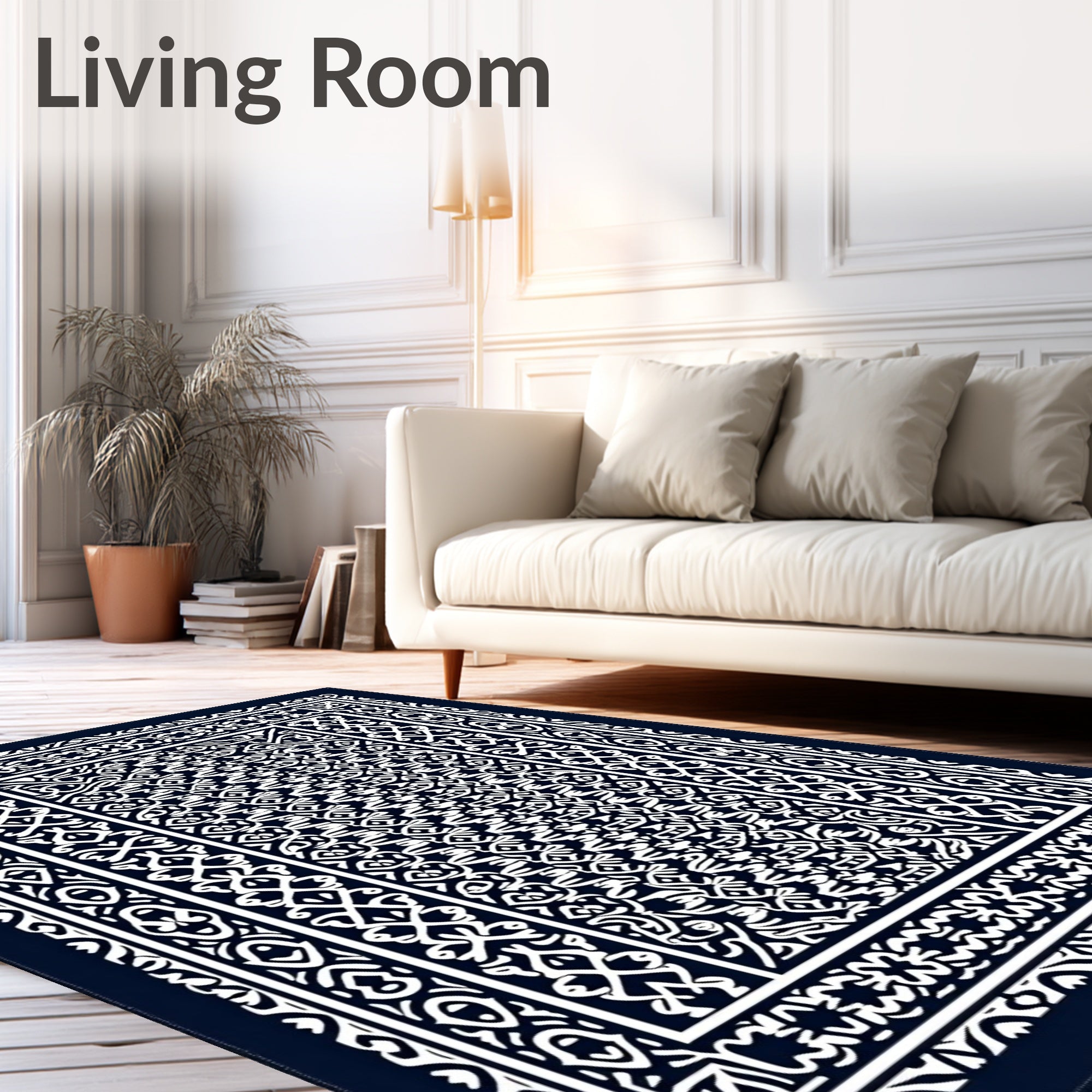 Deep Blue Intricate Ornamental Border Rug