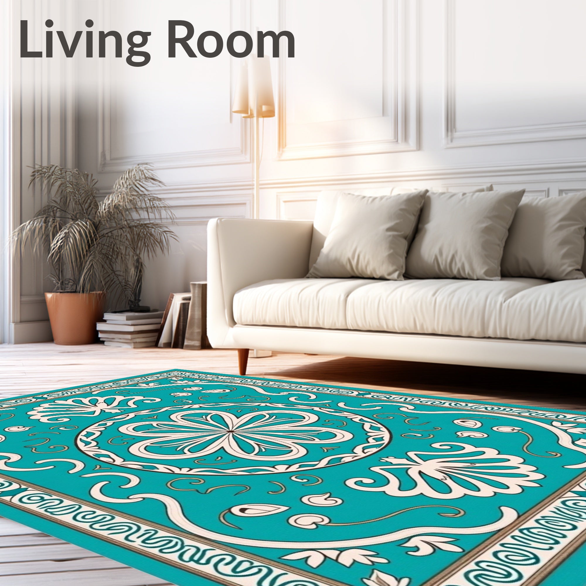 Ornate Teal Floral Medallion Border Rug