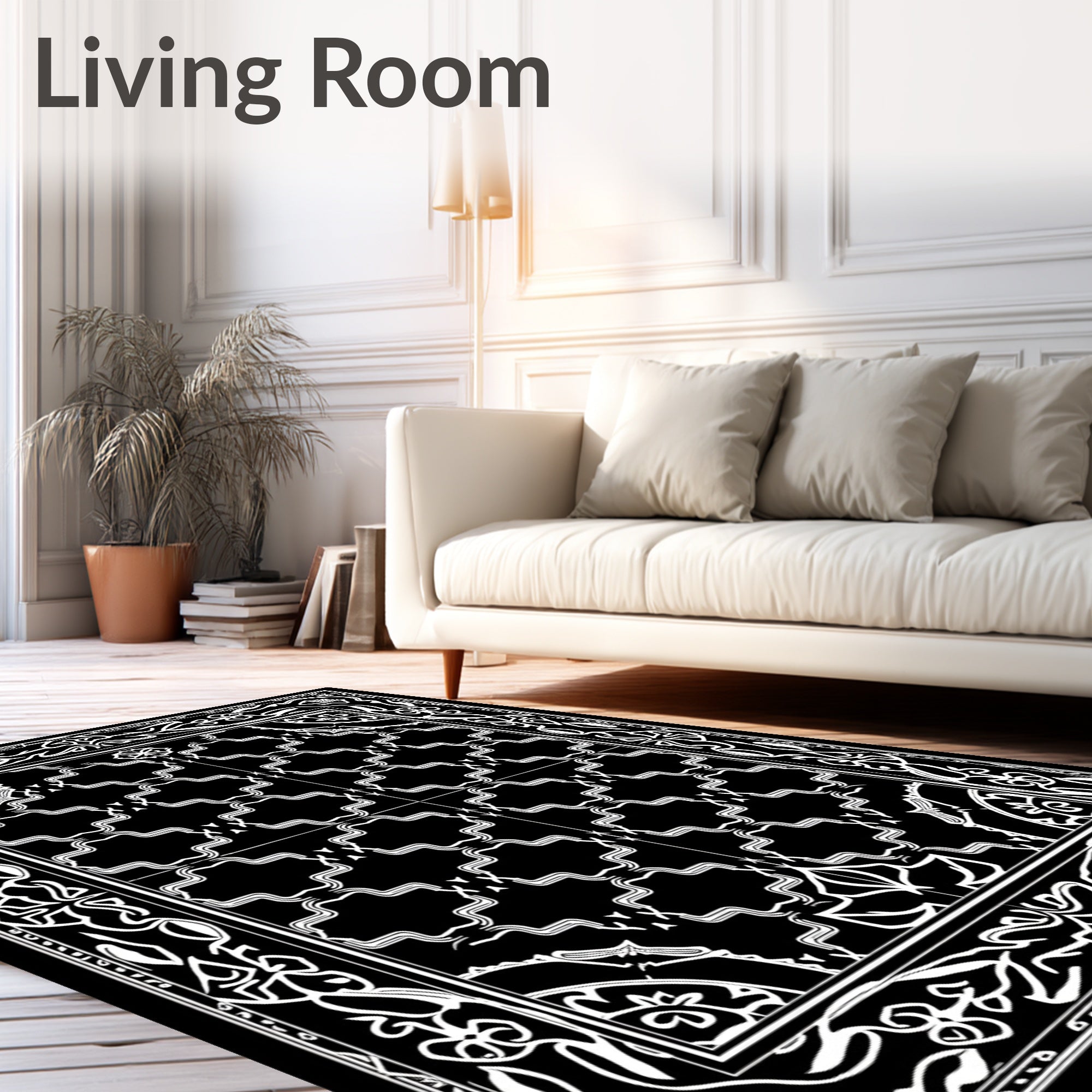Bold Black White Geometric Scroll Rug