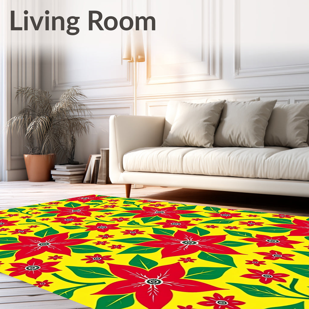Vibrant Red Flower Garden Yellow Rug