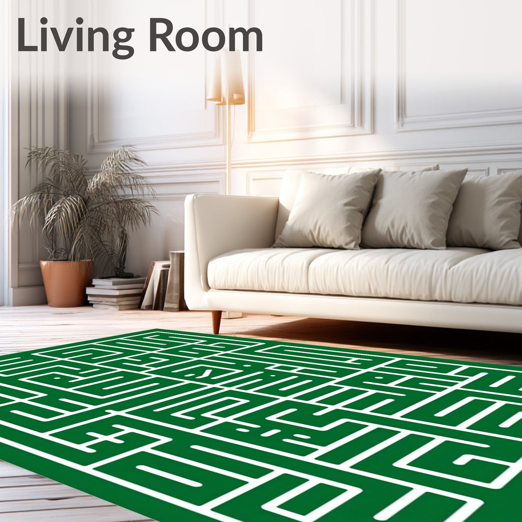 Green and White Geometric Maze Rug