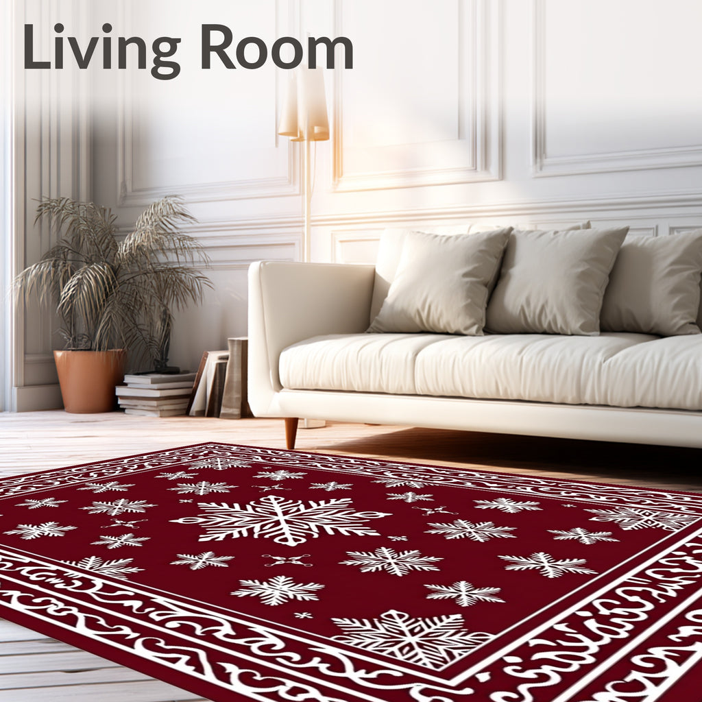 Crimson Red Snowflake Winter Border Rug