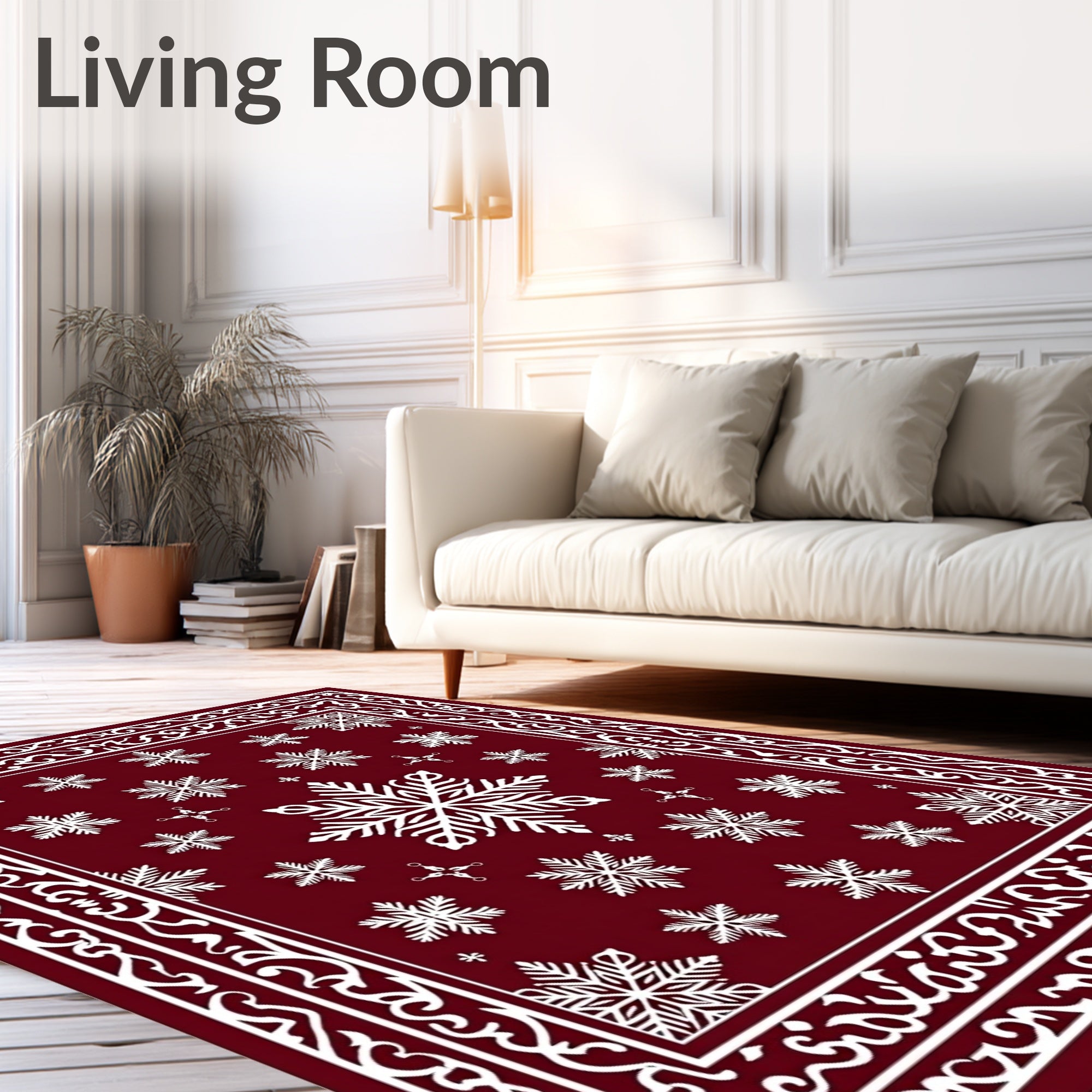 Crimson Red Snowflake Winter Border Rug