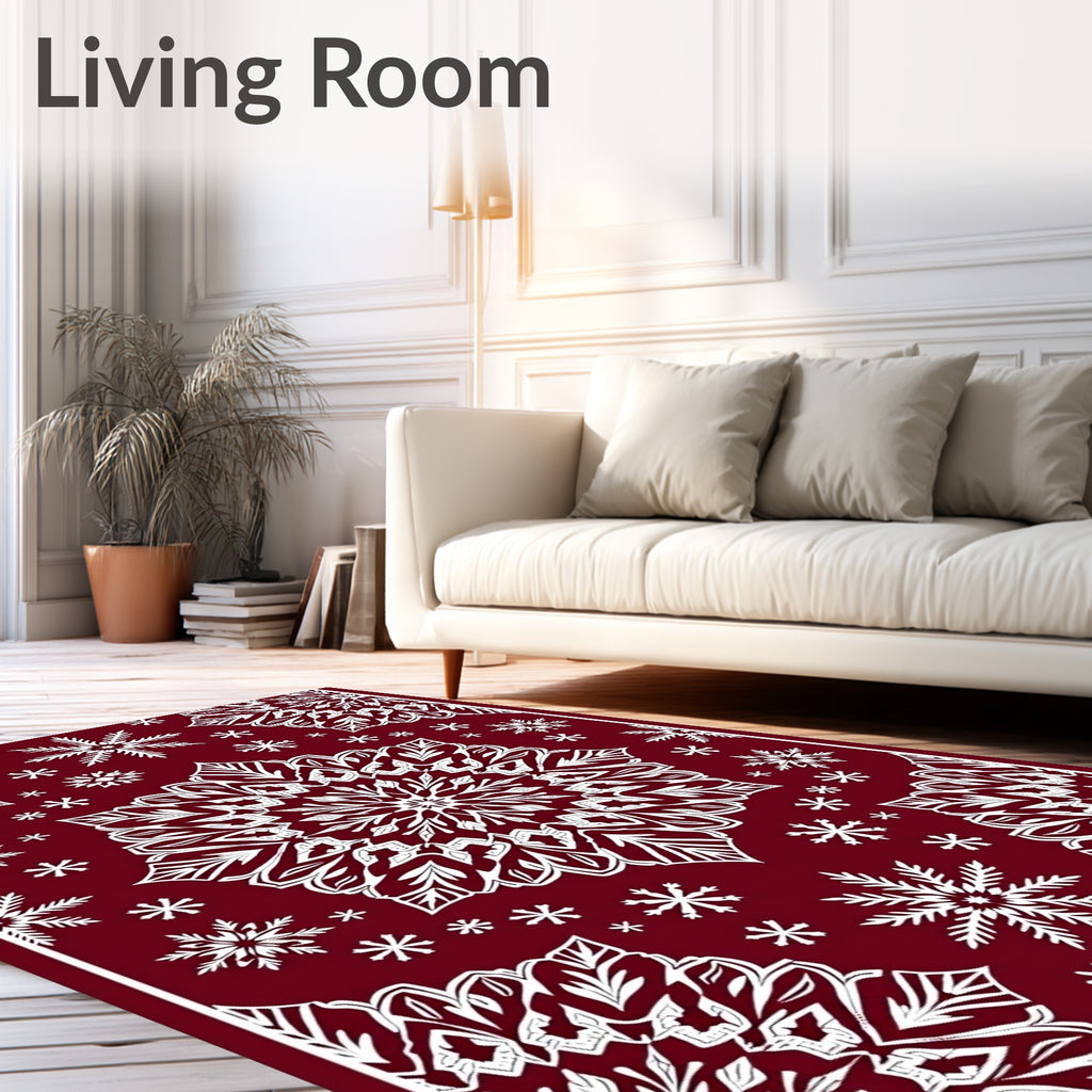 Ornate White Snowflake Mandala Crimson Rug