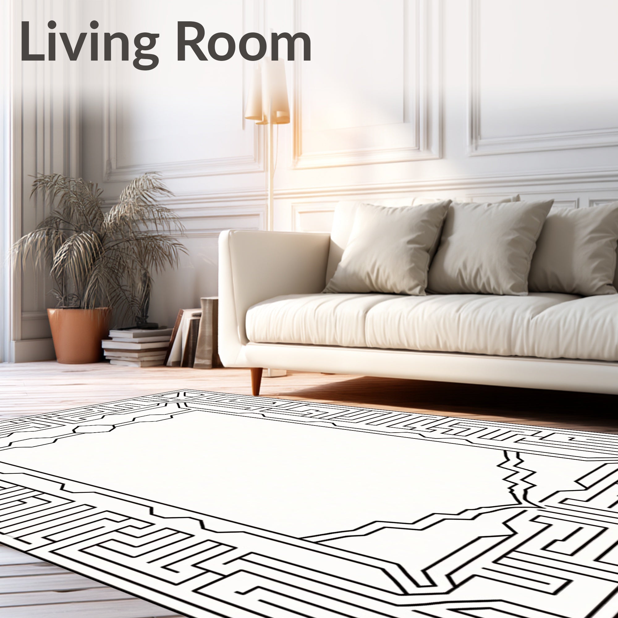 Black White Geometric Labyrinth Border Rug