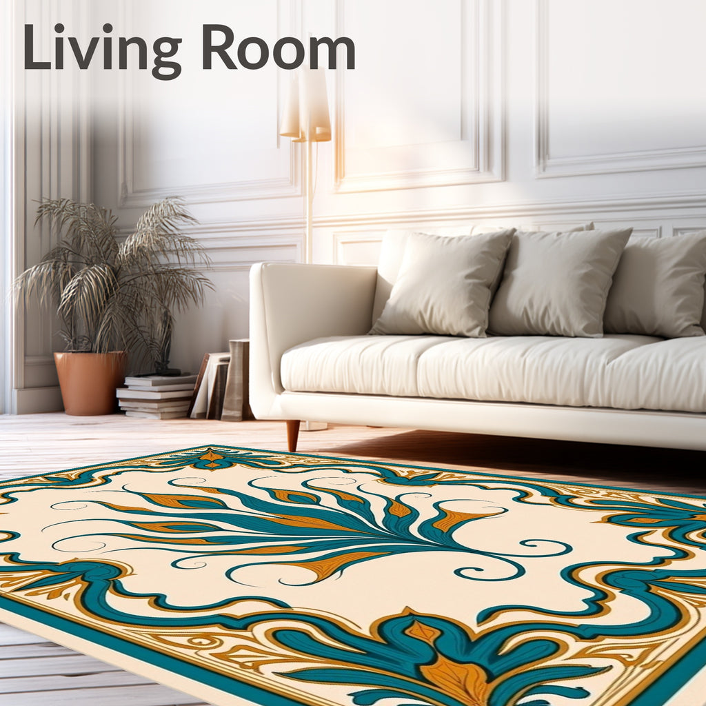 Teal and Gold Floral Frame Rug