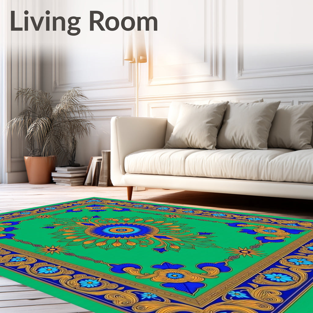 Vibrant Green Gold Blue Medallion Rug