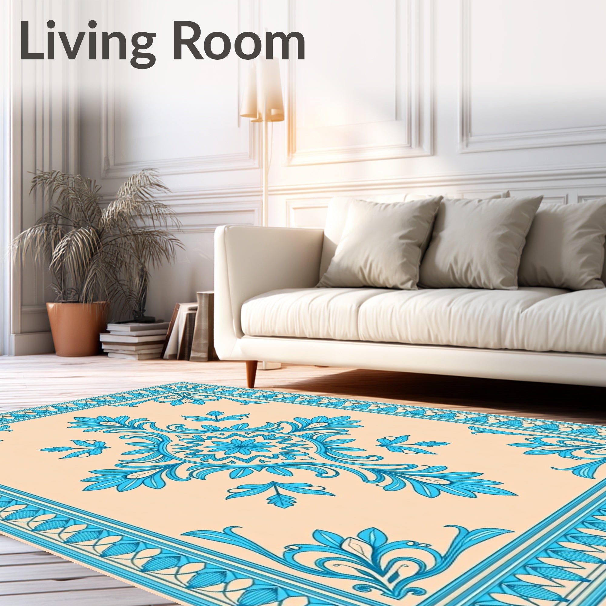 Aqua Floral Medallion Beige Border Rug