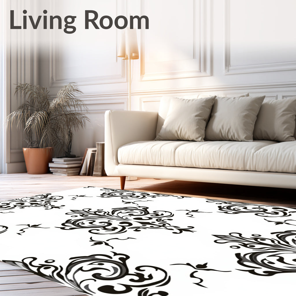 Black White Damask Scrollwork Accents Rug