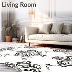 Black White Damask Scrollwork Accents Rug