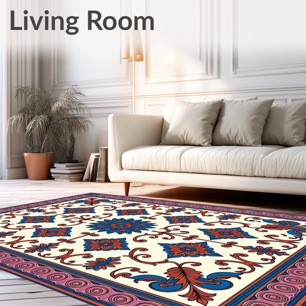 Coral Blue Floral Vine Medallion Rug